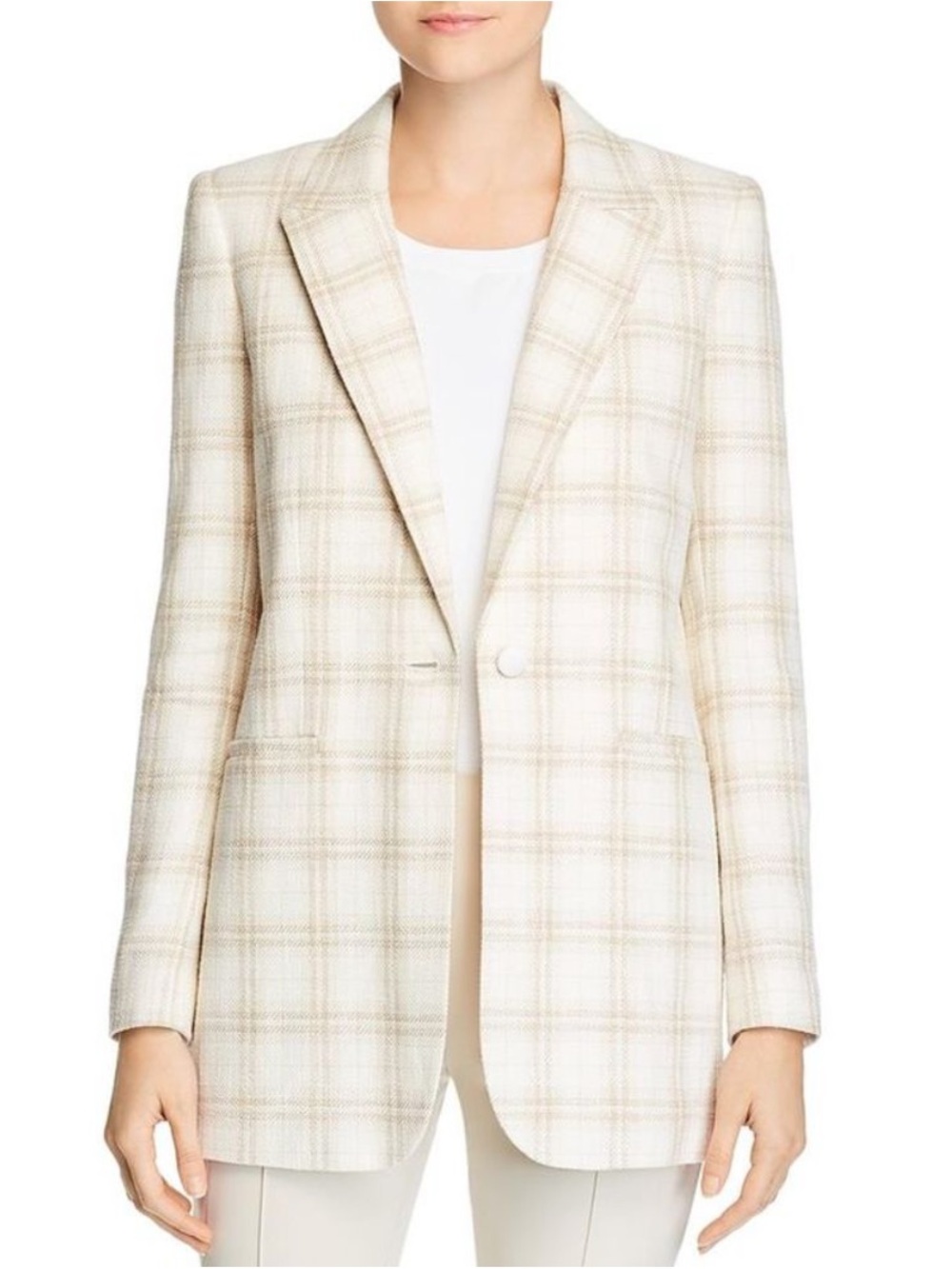 Lafayette 148 Linen Wool Whitney Textured Blazer Jacket Alabaster Plaid Size 10